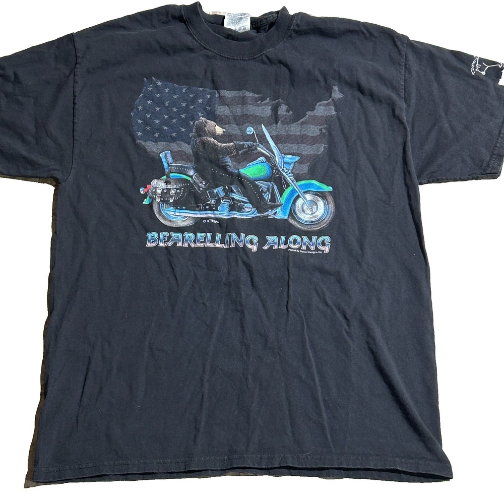 Vintage Black Bear Bear-elling Along" Biker Tee Faded Black Men's L Funny USA‎